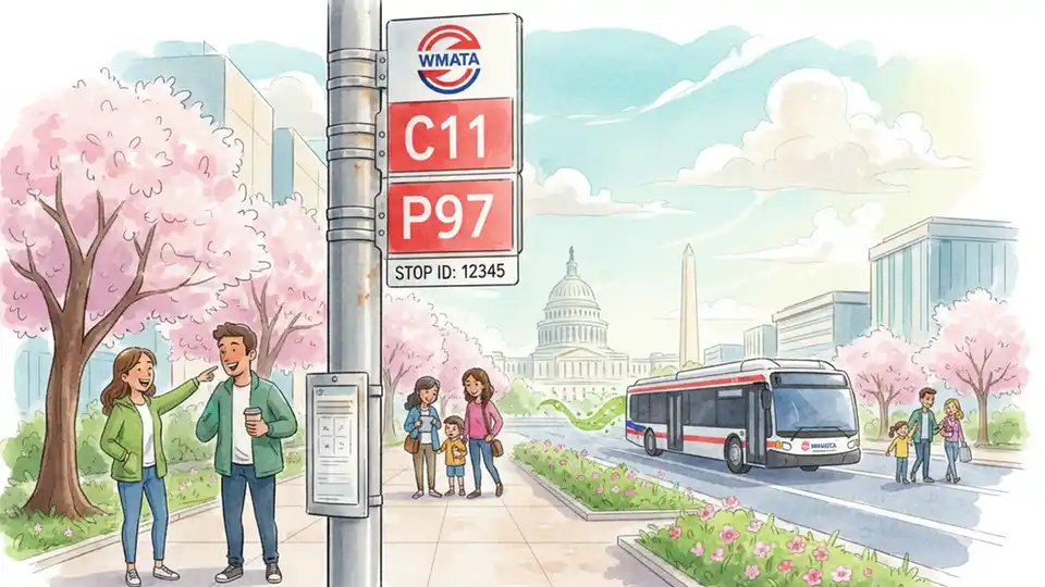 Close-up of WMATA bus stop sign pole showing route numbers C11 and P97 with Stop ID number displayed