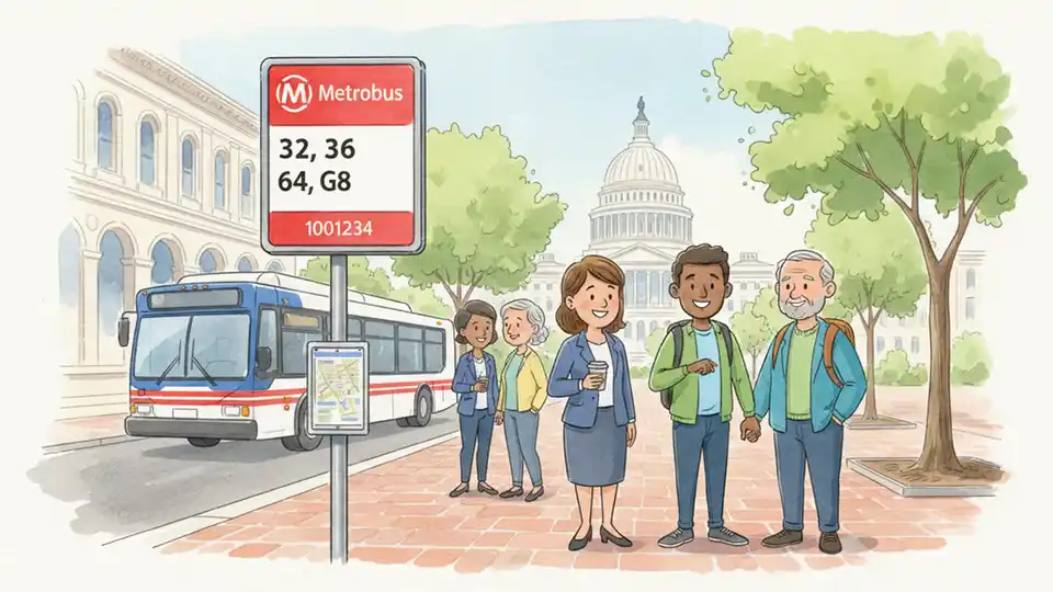 WMATA bus stop sign showing route number and stop ID in downtown Washington DC