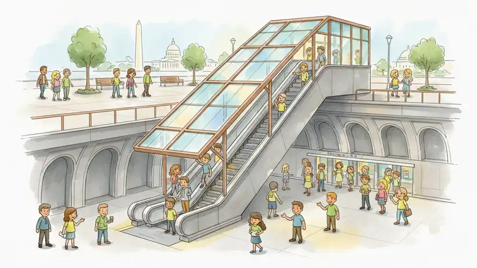 Overhead view of Metro escalator with partial canopy structure, showing weather protection design and station platform below