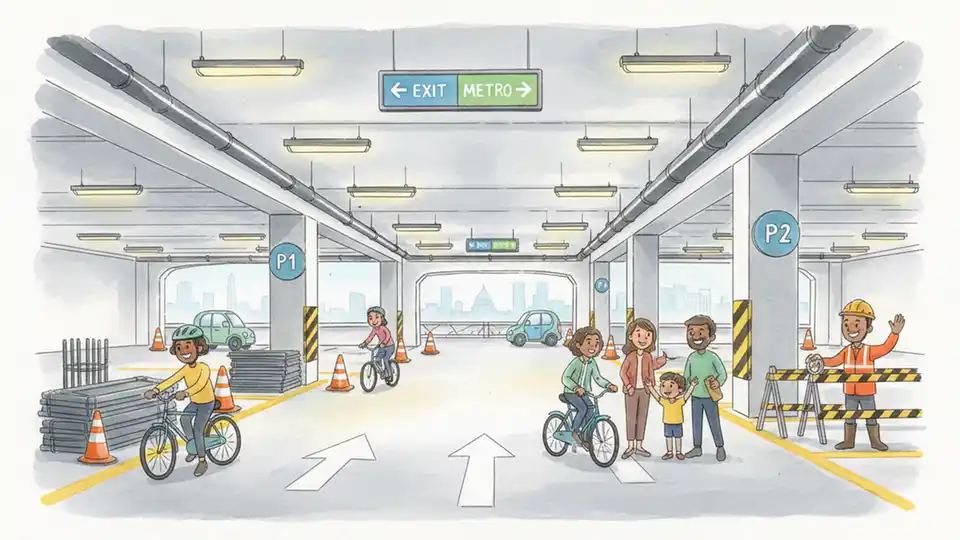 Multi-level parking garage interior at Metro station showing construction activity and directional signage for drivers