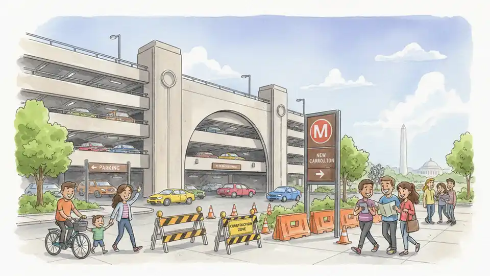 New Carrollton Metrorail Station exterior showing parking garage entrance with construction barriers and signage visible