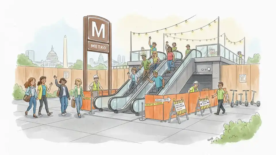 Metro station entrance construction showing active escalators with protective barriers and commuters accessing station during capital improvement work