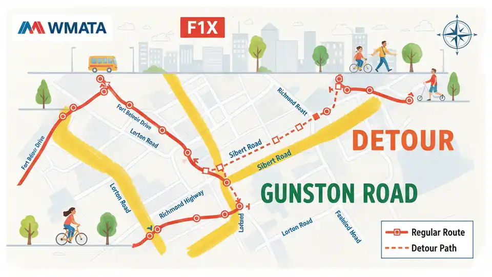 WMATA bus route map showing F1X detour path with Gunston Road and Sibert Road highlighted