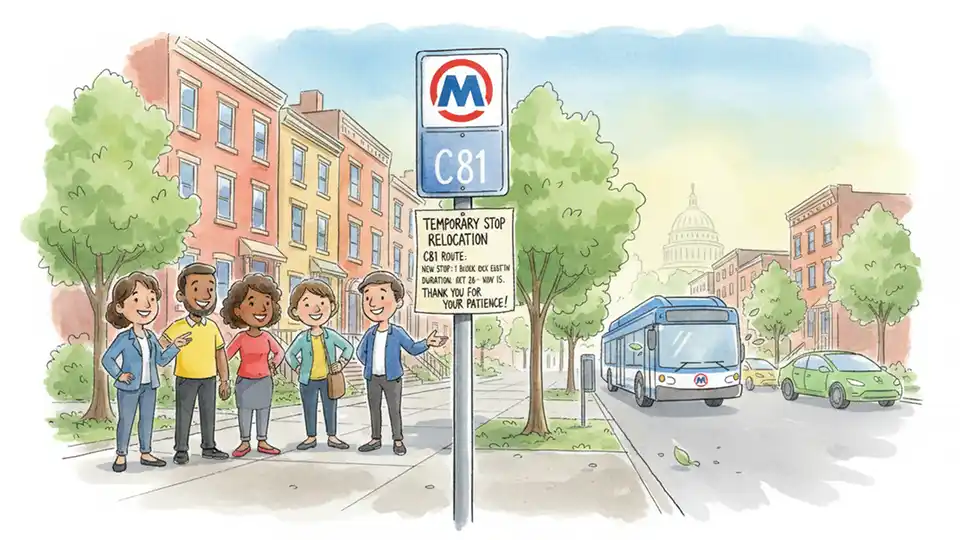 WMATA bus stop sign showing temporary relocation notice for C81 route in Washington DC neighborhood