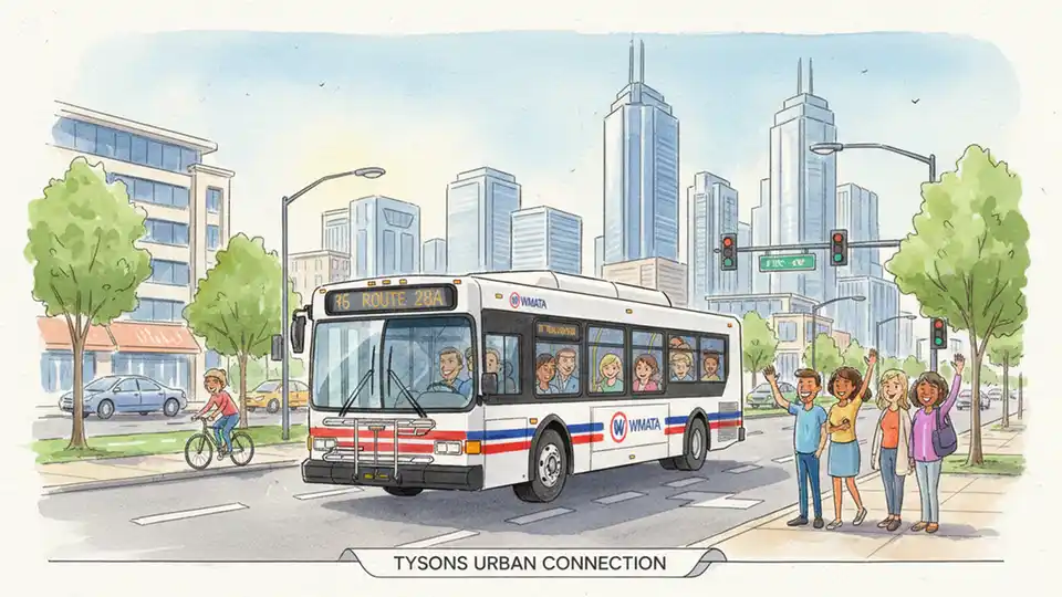 WMATA bus traveling on Leesburg Pike in Northern Virginia with Tysons skyline visible in background