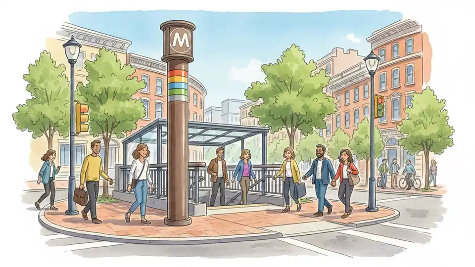 Dupont Circle metro station entrance with WMATA signage and pedestrians entering station