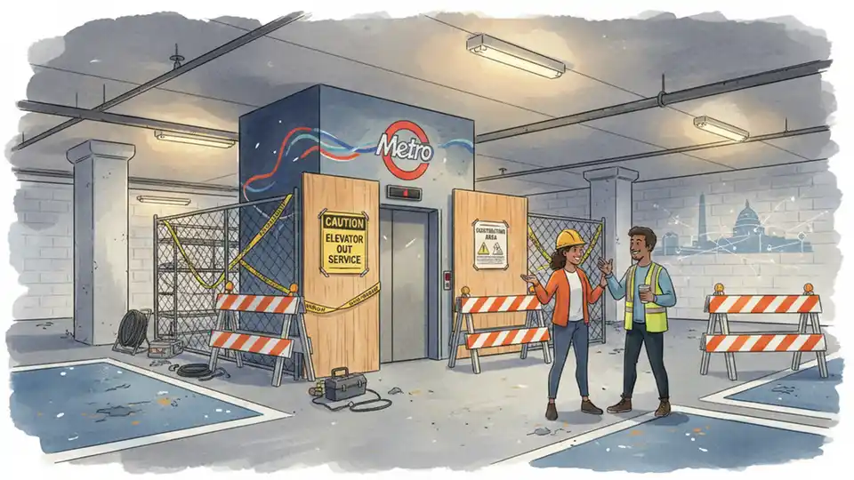Metro elevator undergoing modernization work with construction barriers and safety signage visible in parking garage