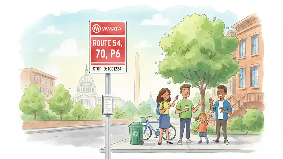 Close-up of WMATA bus stop sign with route number and stop ID posted on pole