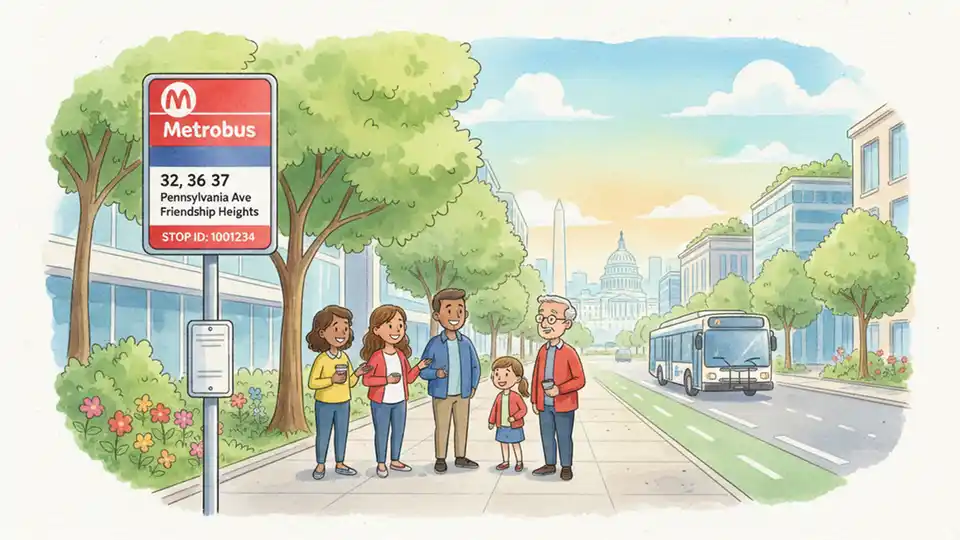 WMATA bus stop sign with route information and stop ID number