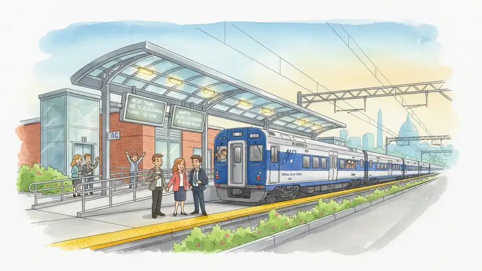 Virginia passenger rail train at platform with modern station infrastructure