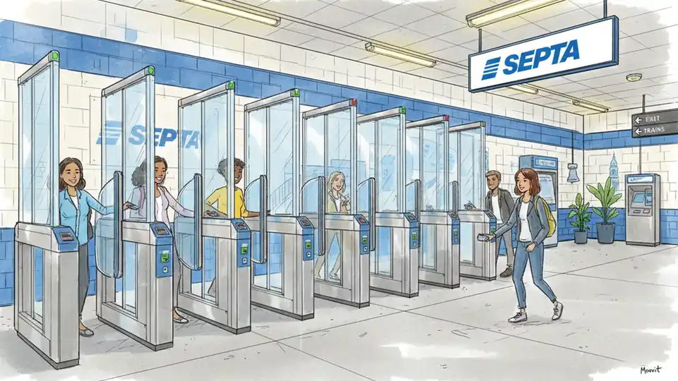 Full-height fare gates installed at SEPTA subway station entrance with riders passing through