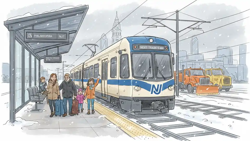 NJ Transit light rail train at station platform with snow clearing equipment visible in background