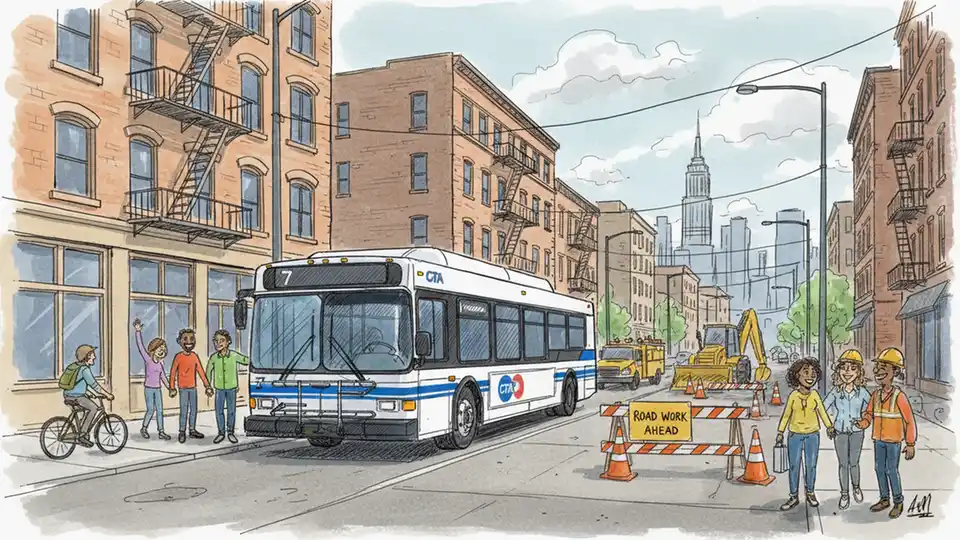 CTA bus on Jackson Boulevard in Chicago's West Side with utility construction equipment visible in background