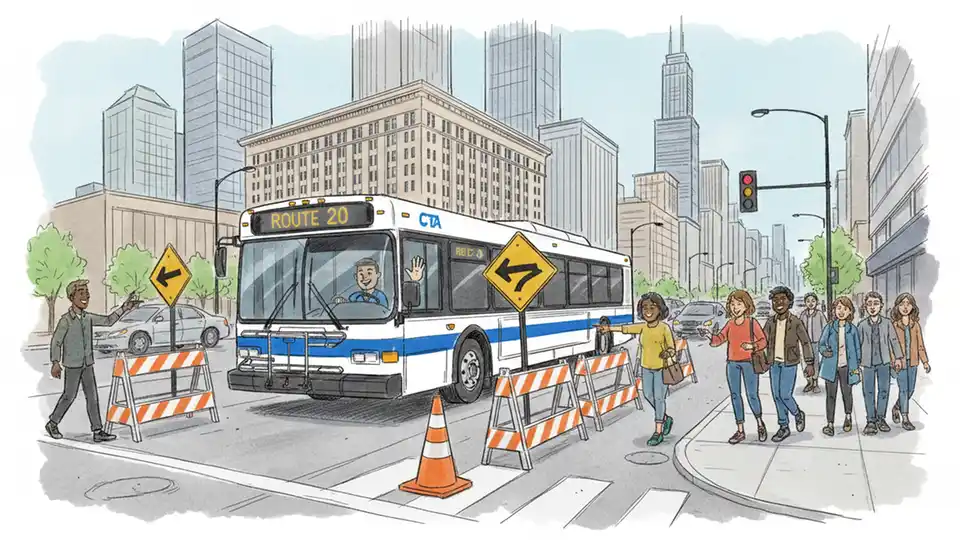 Chicago Transit Authority bus at downtown intersection with construction barriers and detour signage