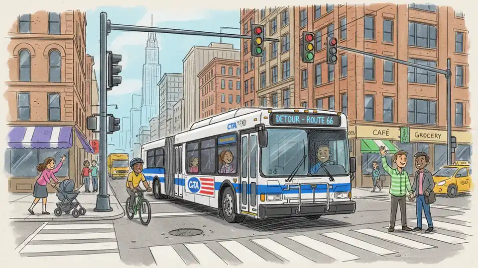 CTA bus navigating detour route on Chicago street with traffic signals and urban buildings visible in background