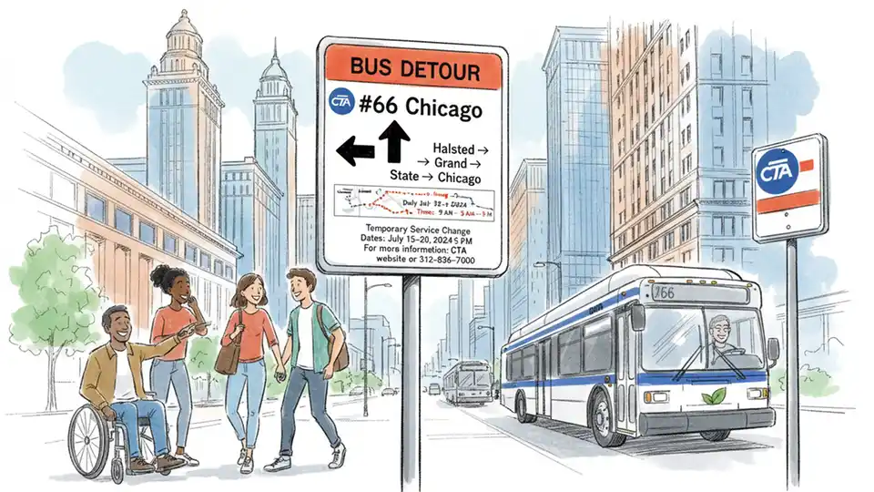 Chicago Transit Authority bus route detour sign showing temporary service changes