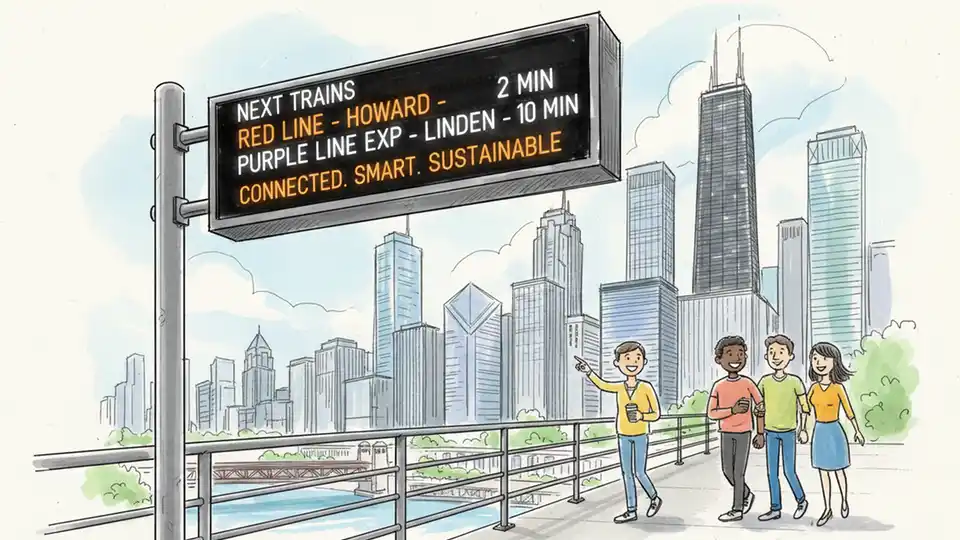 CTA Train Tracker electronic sign at elevated station platform displaying 'L' train arrival information with Chicago skyline visible in background