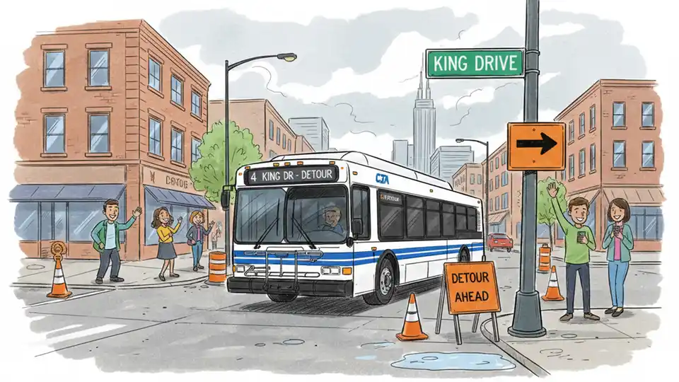 CTA bus turning onto detour route at Chicago intersection with King Drive street sign, showing alternate routing during construction