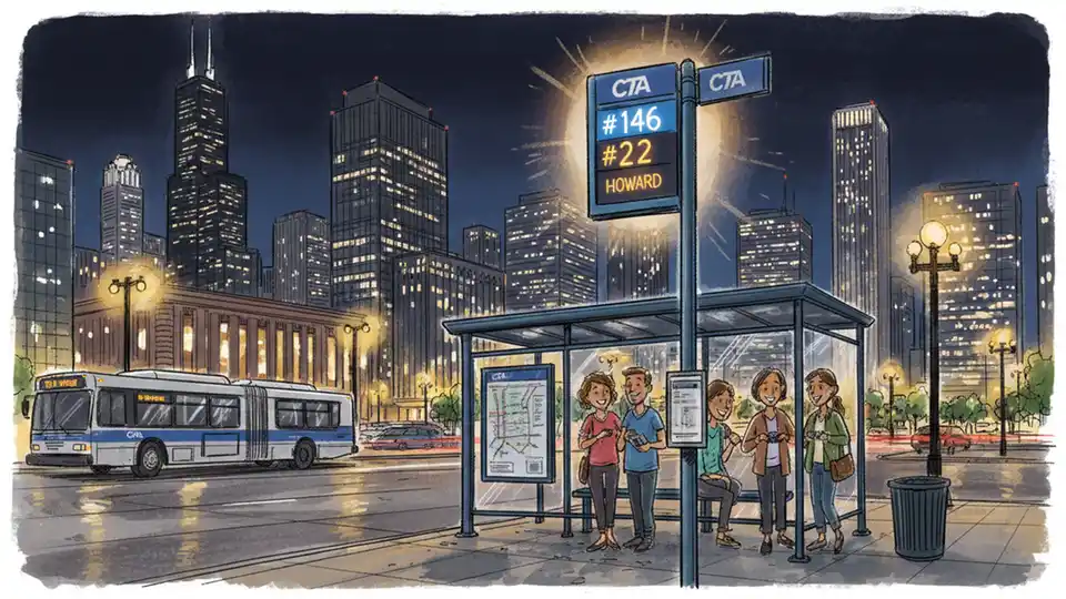 Downtown Chicago CTA bus stop at night with illuminated route sign and city skyline