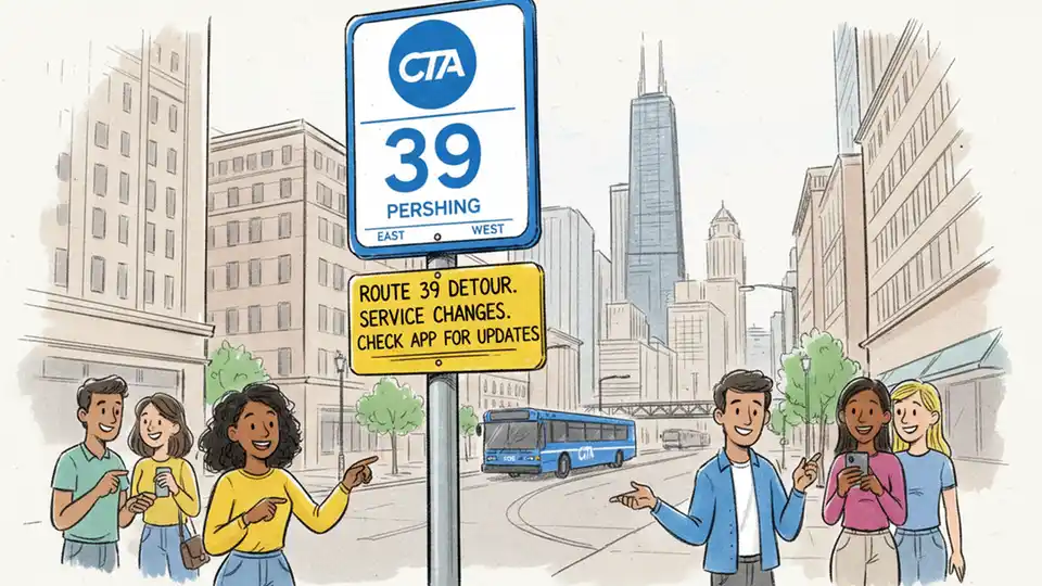 Chicago Transit Authority bus stop sign showing route 39 with detour notice posted