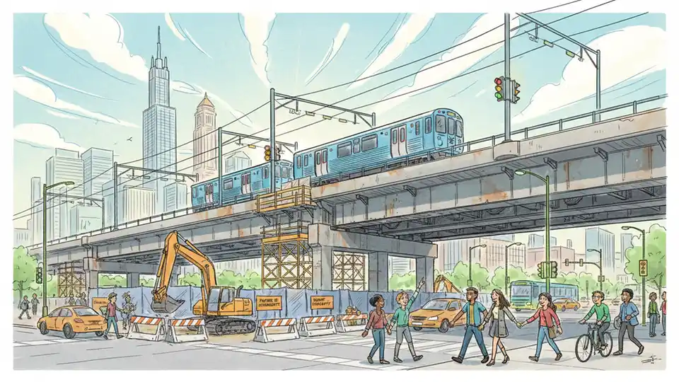 Chicago Avenue viaduct with construction equipment and transit infrastructure