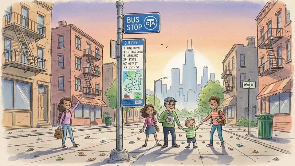 CTA bus stop sign on Chicago South Side with route map display