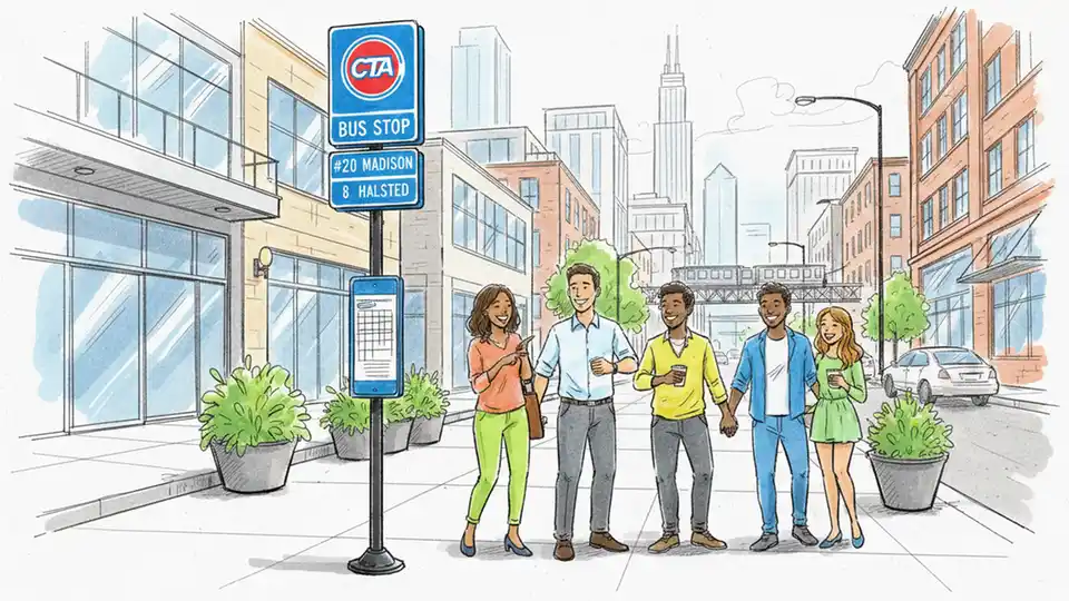 CTA bus stop sign with route number display in Chicago's West Loop
