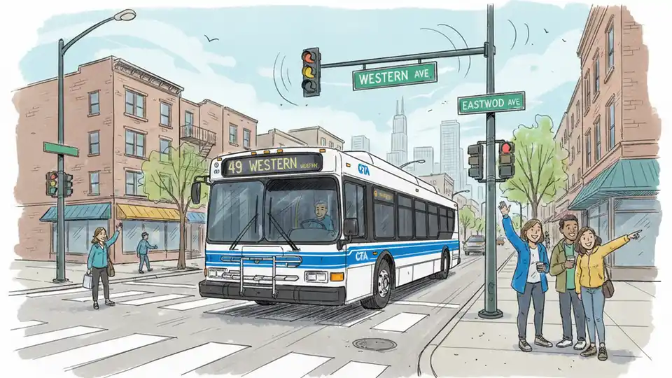 CTA bus approaching Western/Eastwood intersection on Chicago's North Side with route signage visible