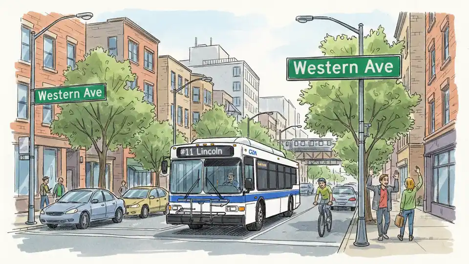 CTA bus route #11 Lincoln operating on Chicago's North Side with Western Avenue street signs visible