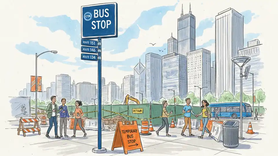 CTA bus stop sign and temporary bus stop location in Chicago downtown area during street construction