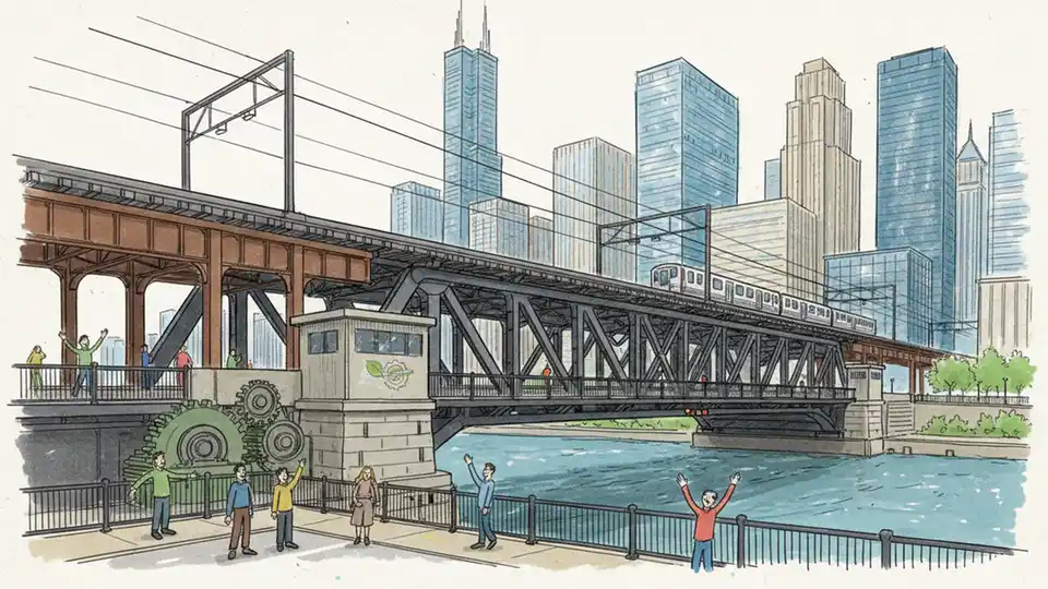 Lake Street bridge over Chicago River with CTA infrastructure and downtown buildings, showing bridge maintenance area