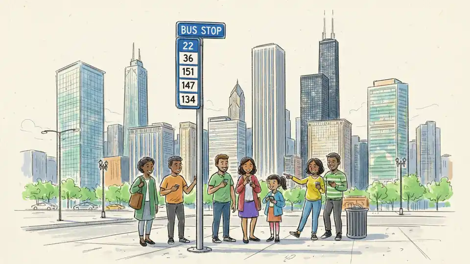 Chicago bus stop sign showing route numbers with downtown buildings in background