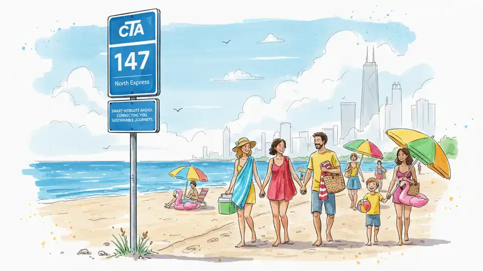 CTA bus stop sign showing route number with beachgoers carrying towels and beach equipment in background