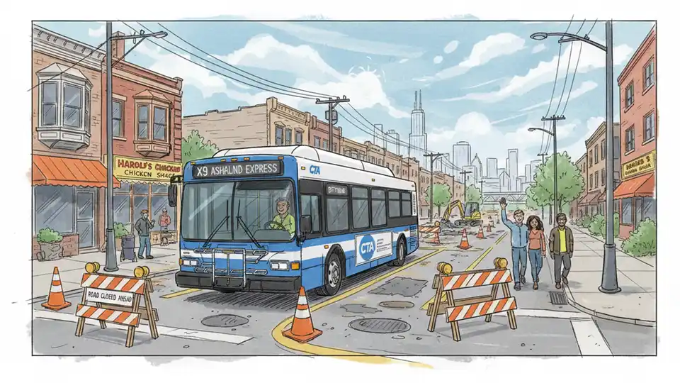 CTA bus navigating detour route on South Side Chicago street with construction barriers visible