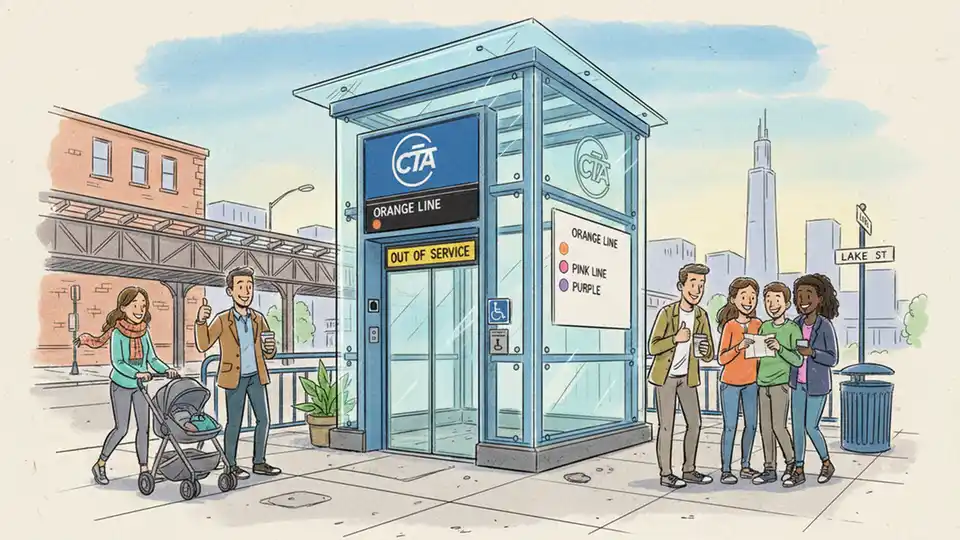Accessible elevator entrance at Chicago CTA subway station with out of service signage, showing street level access point for Orange Pink Purple Line platforms