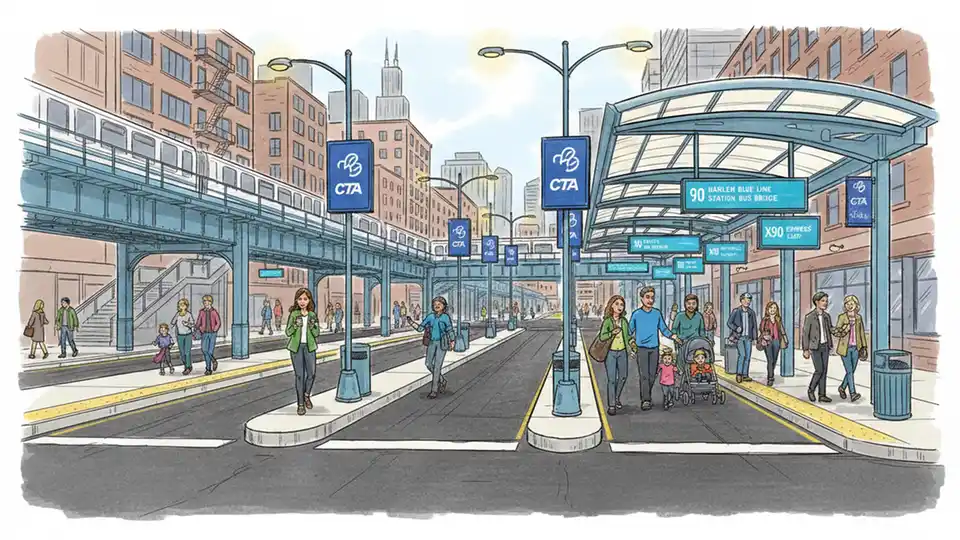 Harlem Blue Line station bus bridge showing multiple bus bays with route signage and boarding areas