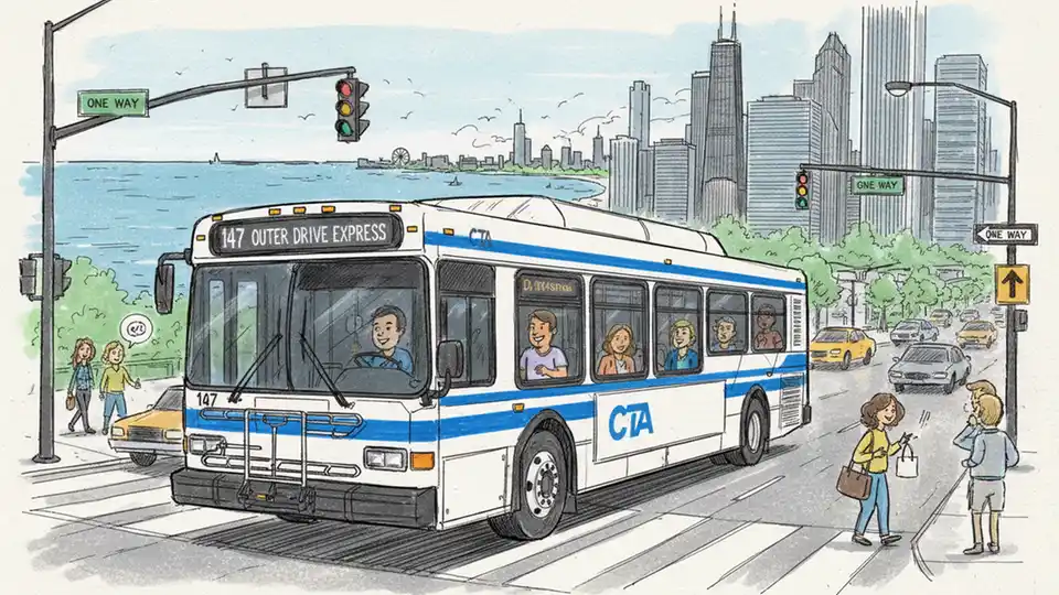 Chicago Transit Authority bus on city street with lakefront visible in background