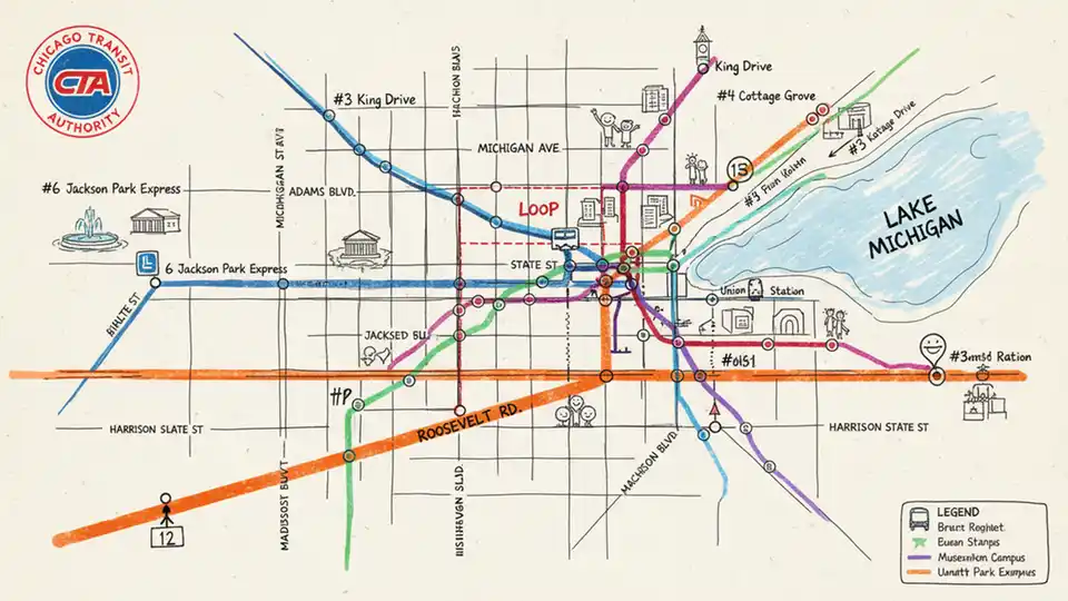 CTA bus route map showing downtown Chicago street grid with Roosevelt Road corridor