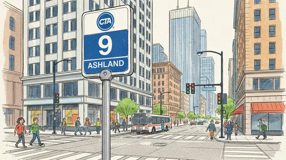 Chicago Transit Authority bus stop sign showing route #9 Ashland with downtown Chicago street intersection in background