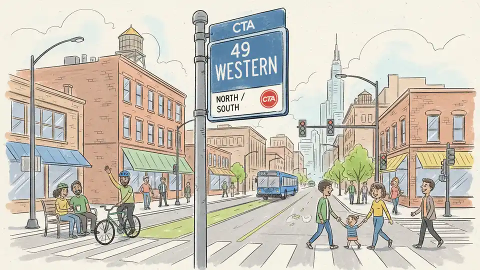 CTA bus stop sign showing route number 49 Western with street intersection in background