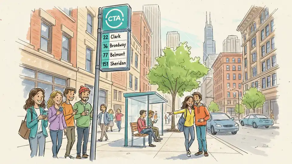 CTA bus stop sign showing route numbers with passengers waiting on urban sidewalk