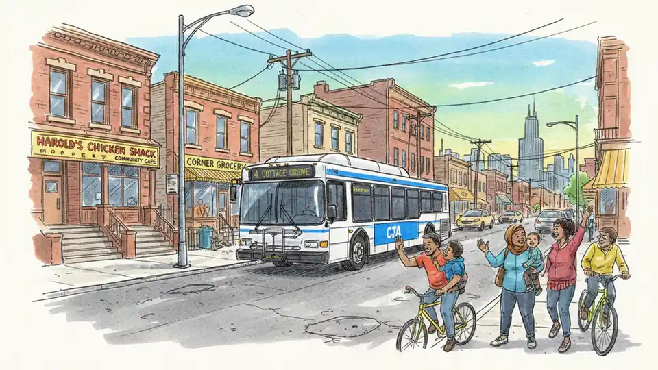 CTA bus on Chicago's South Side street with urban storefronts and residential buildings visible in background