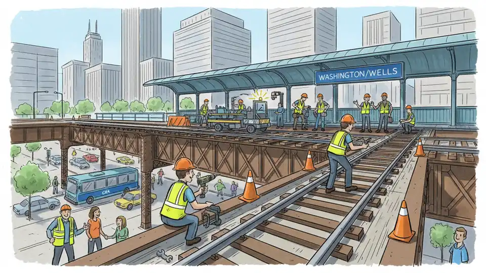 CTA crews working on train tracks at downtown Chicago station