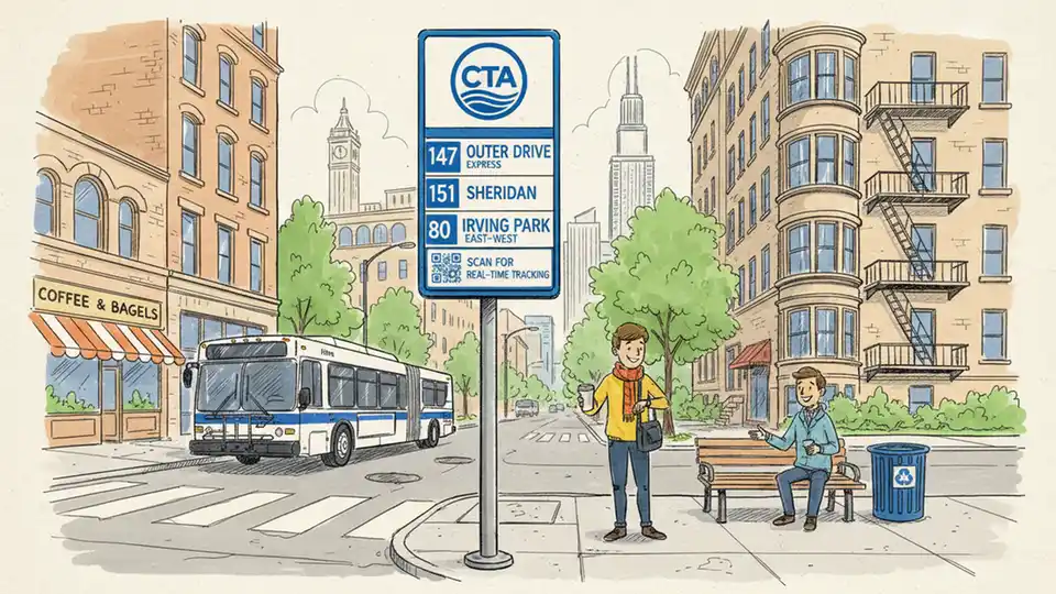 Chicago Transit Authority bus stop sign on urban street corner with route information