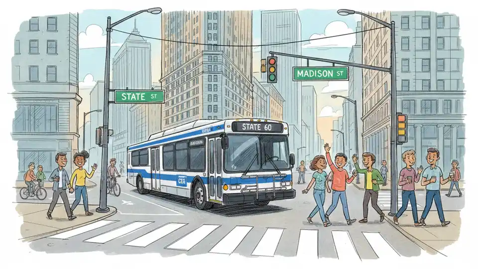 Chicago Transit Authority bus at downtown intersection with street signs visible showing State Street and Loop area