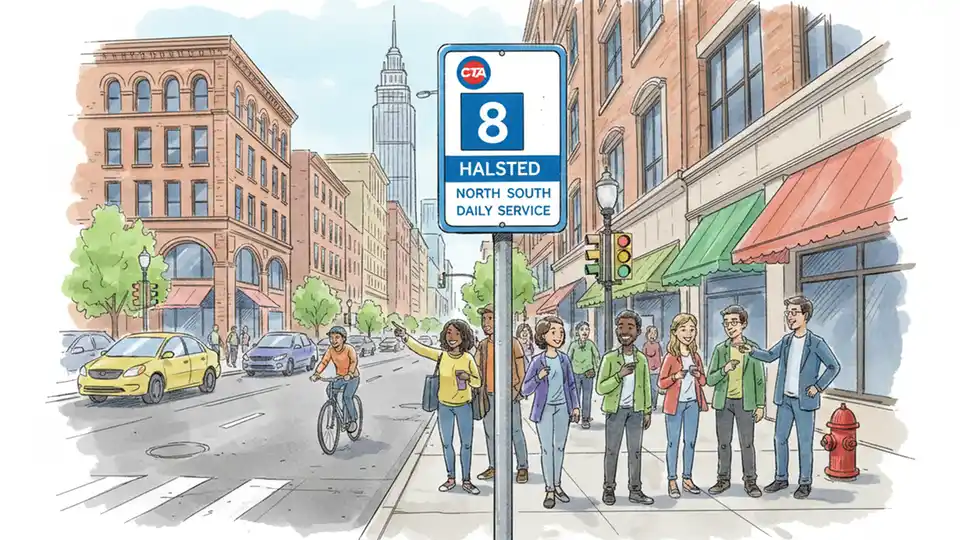 Chicago Transit Authority bus stop sign for Route 8 Halsted with city street scene