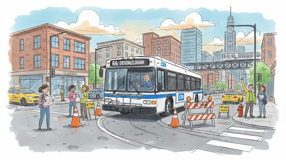 CTA bus at temporary turnaround point at urban intersection