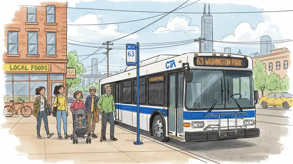 Chicago Transit Authority bus at a South Side bus stop with route number display and passengers waiting to board