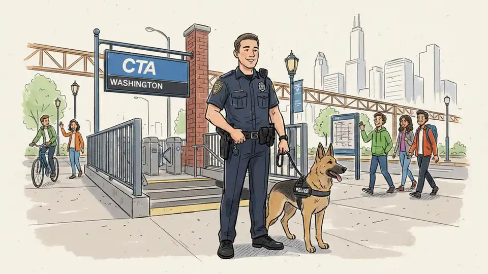 Chicago Police Department K-9 unit officer with police dog at CTA subway station entrance