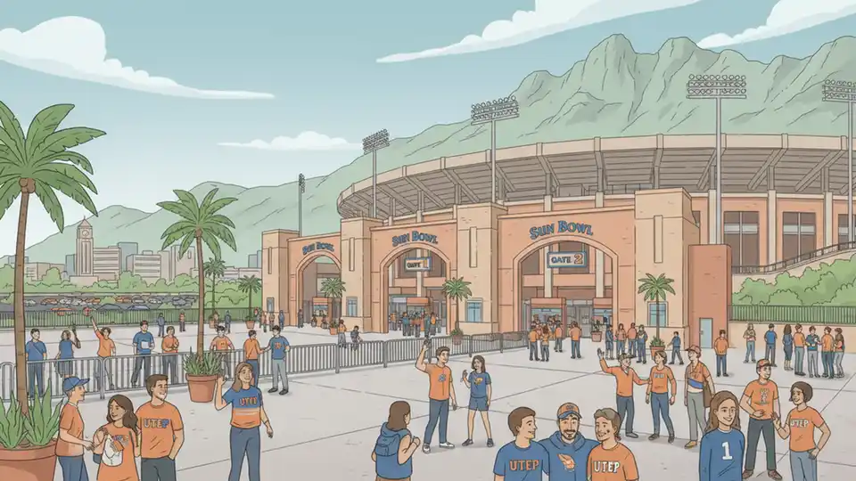 UTEP Sun Bowl stadium exterior with entrance gates and queuing areas visible